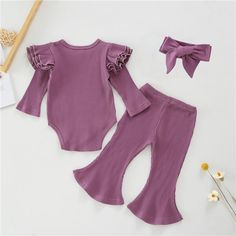 3-piece Solid Ruffle Bodysuit & Pants & Headband for Baby Girl Wholesale children's clothing - PrettyKid Toddler Girl Romper, Boutique Baby, Ruffle Bodysuit, Online Kids Clothes, Long Romper, Cotton Romper, Flare Leg Pants, Long Sleeve Onesie, Sleeveless Rompers