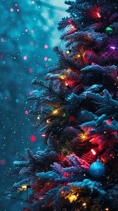 a christmas tree is lit up with colorful lights and snow falling down on the ground