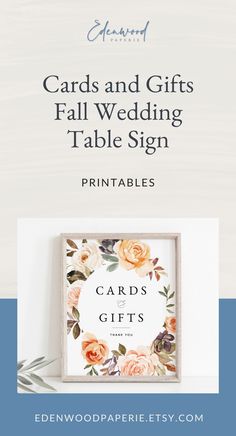 cards and gifts fall wedding table sign printables with flowers on the frame, in front of a white background