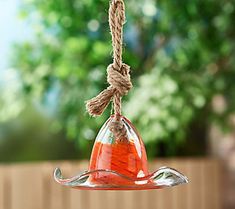 a glass bird feeder hanging from a rope with an orange liquid in the beak and water inside