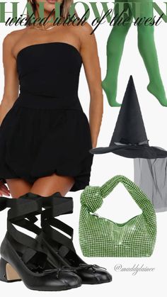 a woman in black dress with green stockings and hat on her head, shoes and handbag