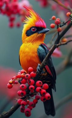 a colorful bird sitting on top of a tree branch next to red berries and green leaves