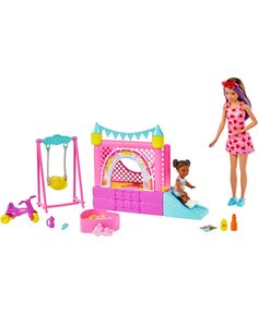 a barbie doll plays with her toys in the playroom, including a swing set and swings