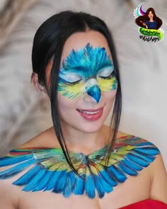 Parrot Costume Makeup, Bird Makeup Halloween, Bird Face Painting, Parrot Makeup Halloween, Bird Face Makeup, Blue Bird Makeup, Parrot Face Paint, Feather Face Paint, Parrot Makeup