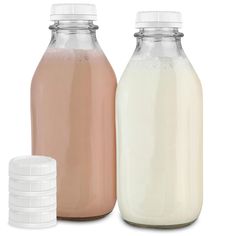 there are two bottles next to each other on the white background, one has a pink substance in it