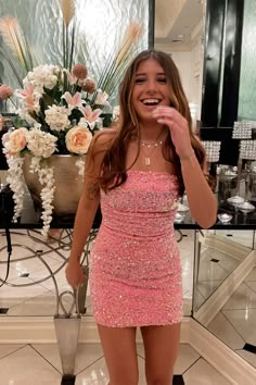 Stunning-Pink-Sequin-Bodycon-Mini-Party-Dress-with-Lace-Up-Back Sequin Homecoming Dress, Prom Dresses Long Pink, Mini Party Dress, Mini Homecoming Dresses, Dress Tight, Spaghetti Strap Prom Dress, Sequin Prom Dress, Mini Party, Prom Dresses Long With Sleeves