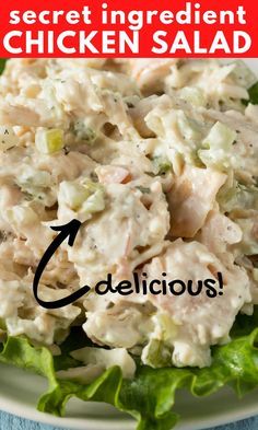 chicken salad with lettuce on a white plate and the words secret ingredient chicken salad below it