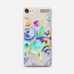 an iphone case with flowers painted on the front and back cover in blue, pink, yellow