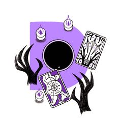 a purple and black design with various items on it including cards, candles, and an eyeball