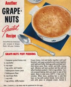 an advertisement for grape - nuts from the 1950's