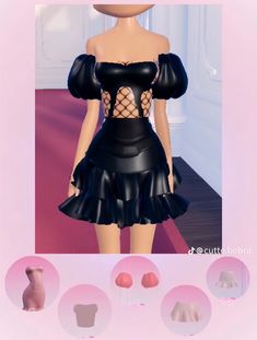 an animated image of a woman in a black dress with different bras and stockings