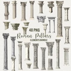 the roman pillars and columns are all drawn up in different styles, sizes and colors