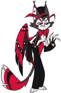 an image of a cartoon cat with red eyes and black tail, wearing a tuxedo