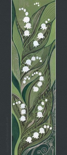 a painting with white flowers and leaves on it