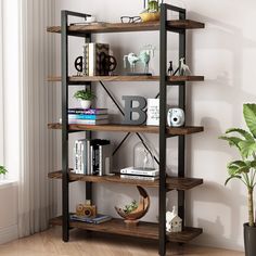 a bookshelf with various items on it in the corner of a room next to a potted plant