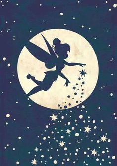 the silhouette of a tinkerbell flying in front of a full moon with stars