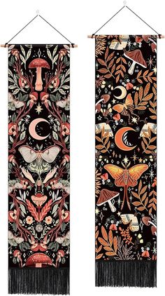 two wall hangings with different designs and colors on them, each featuring an owl