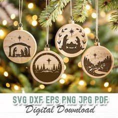 christmas ornaments hanging from a tree with lights in the background and text saying svg dxf eps png jpg