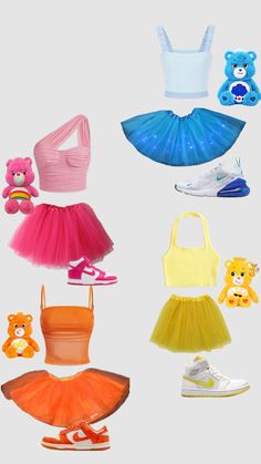 there are many different types of clothes and toys in this photo, including dresses, shoes, hats, and teddy bears