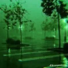 a blurry image of trees and benches on a rainy day