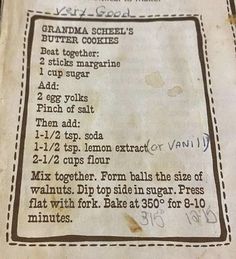 the recipe for grandma's butter cookies is shown in an old paper bag with writing on it