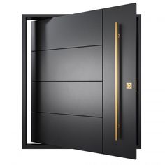 an open black door with gold handle on the front and side panels, isolated against a white background