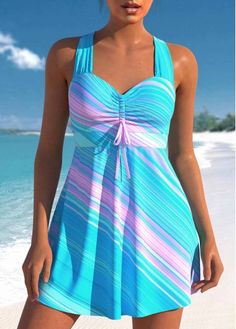 Color:Cyan;Size:S;Size:M;Bra Style:Padded;Support:Wire Free;Pad Style:Removable;Strap Style:Adjustable;Package Contents:1 X Swimdress , 1 X Shorts;Occasion:Sport; Trendy Tankini, Bathing Suit Shorts, Plus Size Tankini, Printed Tankini, Striped Swimsuit, V Neck Tank Top, Stylish Plus, Tankini Set, Bra Styles