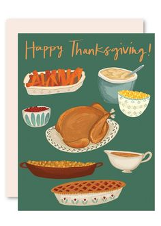 a thanksgiving card with an illustration of turkey and other foods