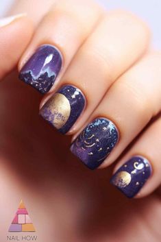 Capture the night sky with this moon nails design! The purple hues and gold moon details create a dreamy and elegant effect, perfect for any special occasion. For more inspiration, visit nailhow.com. Sns Nails