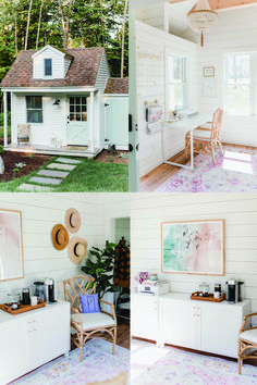 two pictures of the inside and outside of a house, one in white with purple flowers on the floor