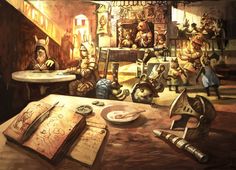 a painting of people sitting around a table in a room with lots of writing on it