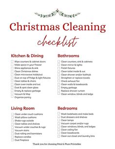 christmas cleaning checklist with the words, kitchen and dining items in red on it