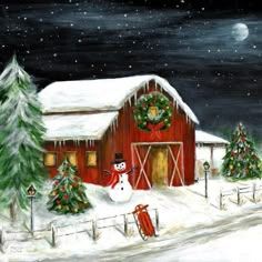 a painting of a snowman in front of a barn with christmas trees and wreaths