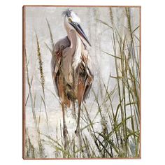 a painting of a bird standing in the water with tall grass around it's feet