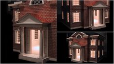 four different views of a doll house at night with lights coming from the windows and doors