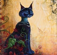 a painting of a black cat sitting on top of a flowery chair with swirls and flowers around it