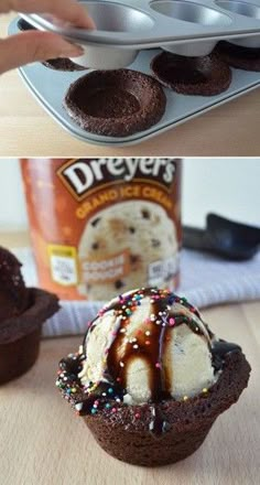 there are two pictures of chocolate cupcakes with ice cream in them