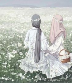 two people sitting in the middle of a field with white flowers on their heads and back