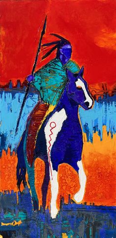 an abstract painting of a native american man riding a horse