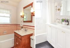 before and after photos of a bathroom remodel with white cabinets, pink tile