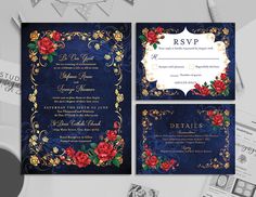 an ornate wedding suite with red roses and gold trimmings on blue velvet paper