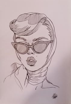 a drawing of a woman with glasses and a scarf on her head, wearing a headscarf