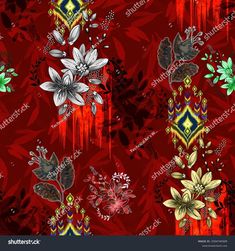 red floral wallpaper with white flowers and green leaves on the bottom right hand corner