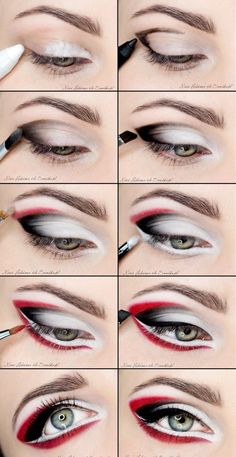 Make up - Okami - Amaterasu Red And Black Eye Makeup, Colorful Eye Makeup Tutorial, Carnaval Make-up, Teknik Makeup, Goddess Makeup, Black Eye Makeup