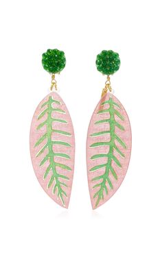 MERCEDES SALAZAR ALOCACIA ROSA EARRINGS. #mercedessalazar # Palm Leaf Design, Feather Design, Acrylic Fabric, Palm Leaf, Jewelry Inspo, Green Fashion, Leaf Design