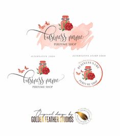 four logos for the golden feather studio, including one with roses and two with butterflies