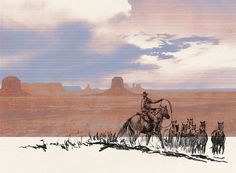 a drawing of a man riding on the back of a horse next to a herd of horses