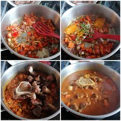 four pictures showing different stages of cooking food in a pan with utensils and spoons