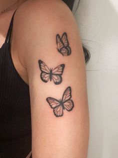 Butterfly tattoo arm Butterfly Down Arm Tattoo, Women's Upper Arm Tattoos, Cute Tattoos For Women With Meaning Arm, Small Arm Tatooes, Butterfly Arms Tattoos, Butterfly Tattoos On Upper Arm, Upper Arm Tattoos For Women Butterflies, Girly Upper Arm Tattoos, Butterflies Up The Arm Tattoo