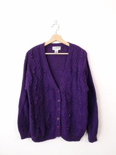 Measurements Length: 23 1/2" Armpit to armpit: 20 1/2" Armpit to end of sleeve: 18 1/2" Condition: Gently used. There's no holes or stains. Good condition. ※Please read the policy before you purchase※ Purple Cardigan, Vintage Cardigan, Knit Cotton, Cotton Sweater, Cardigans For Women, Cable Knit, Halloween Shopping, Sweater Outfits, Sweater Cardigan